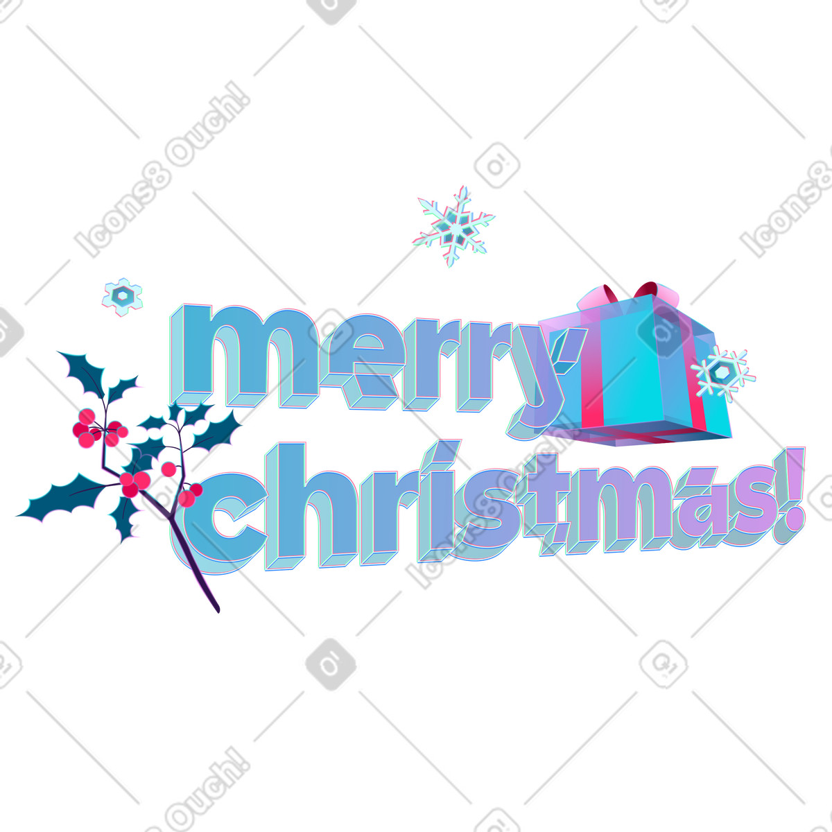 Neon 스타일의 Holographic Merry Christmas text with gift box and holly branch, Seasonal greeting 일러스트레이션 PNG, SVG 다운로드