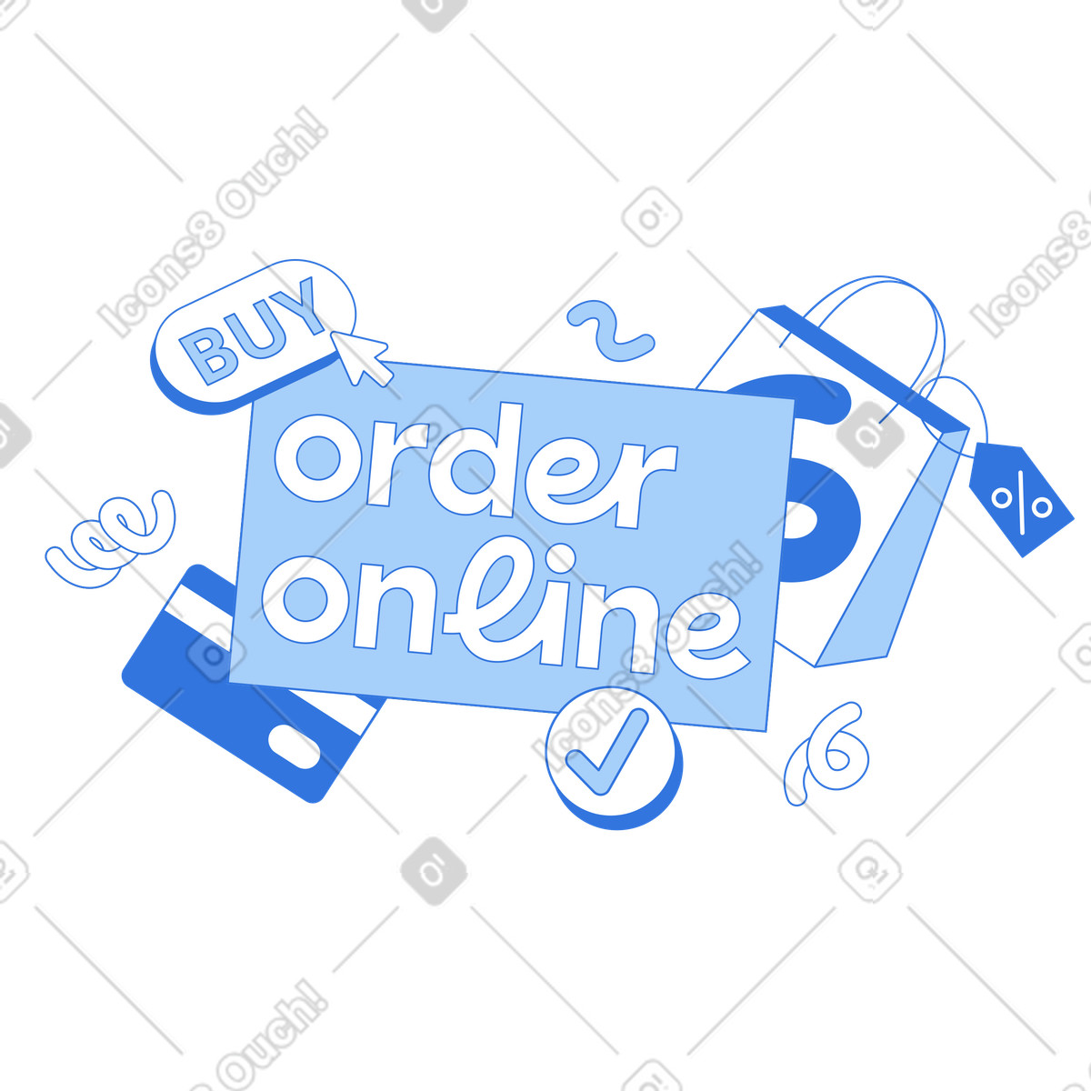 Order online banner with shopping icons, Website call to action illustration in Sky style download in PNG, SVG