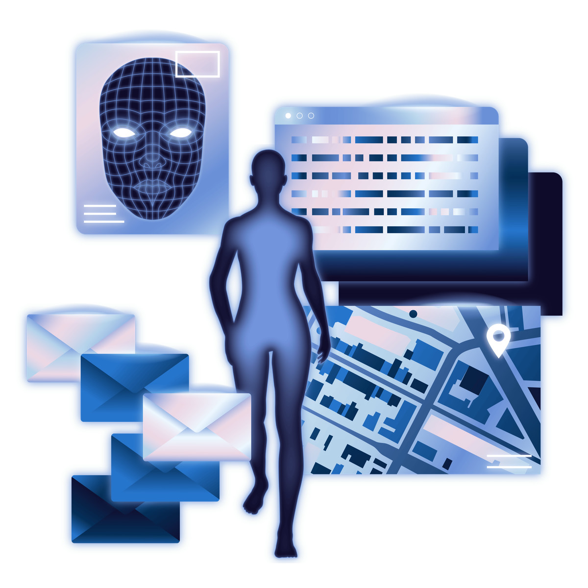 Dimension スタイルの Cybersecurity monitoring of personal information across emails maps and interfaces のイラストをPNG、SVG形式でダウンロード