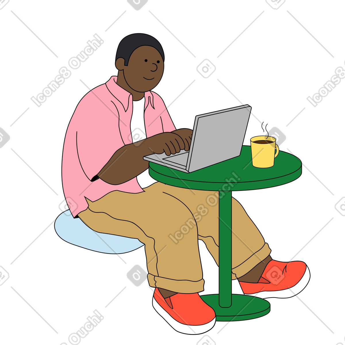 Freelancer working on laptop at cafe table, digital nomadism and online job illustration in Kindy style download in PNG, SVG