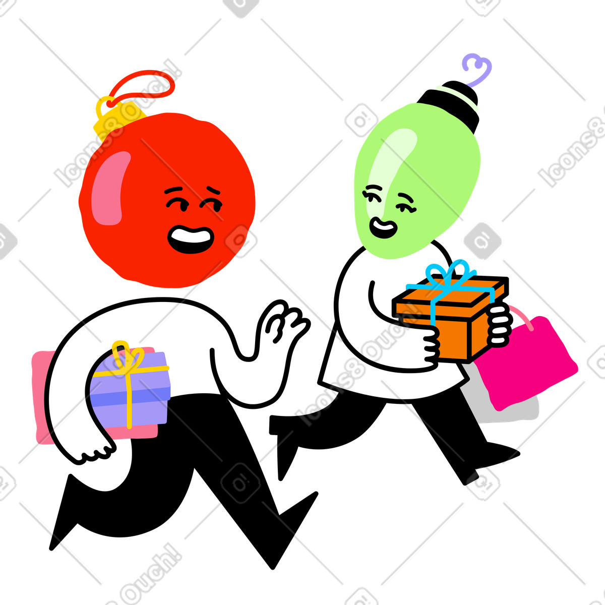 Illustration Personnages de noël portant des boîtes cadeaux dans le style Giggle à télécharger aux formats PNG, SVG