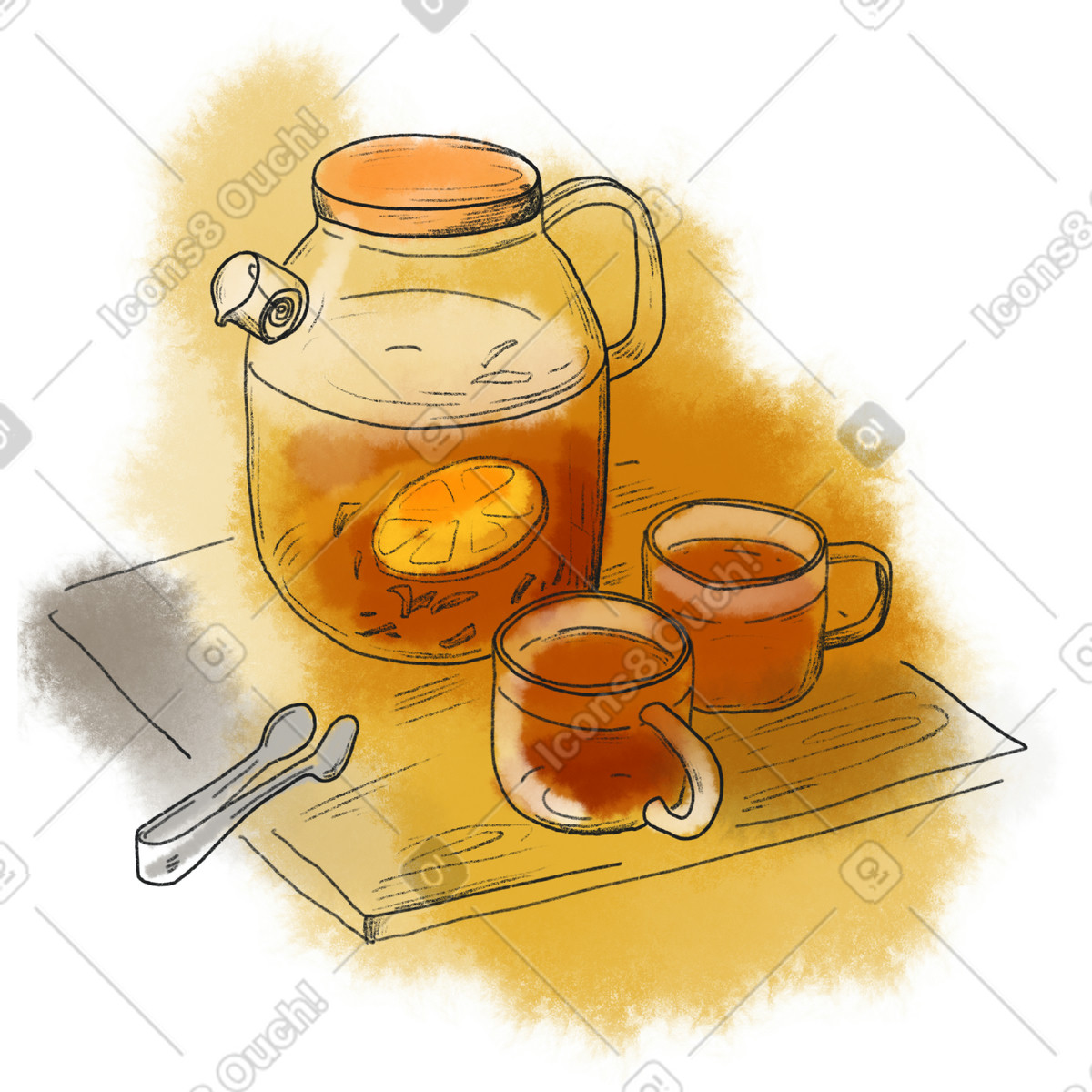Large teapot and two glass mugs illustration in Moments style download in PNG, SVG