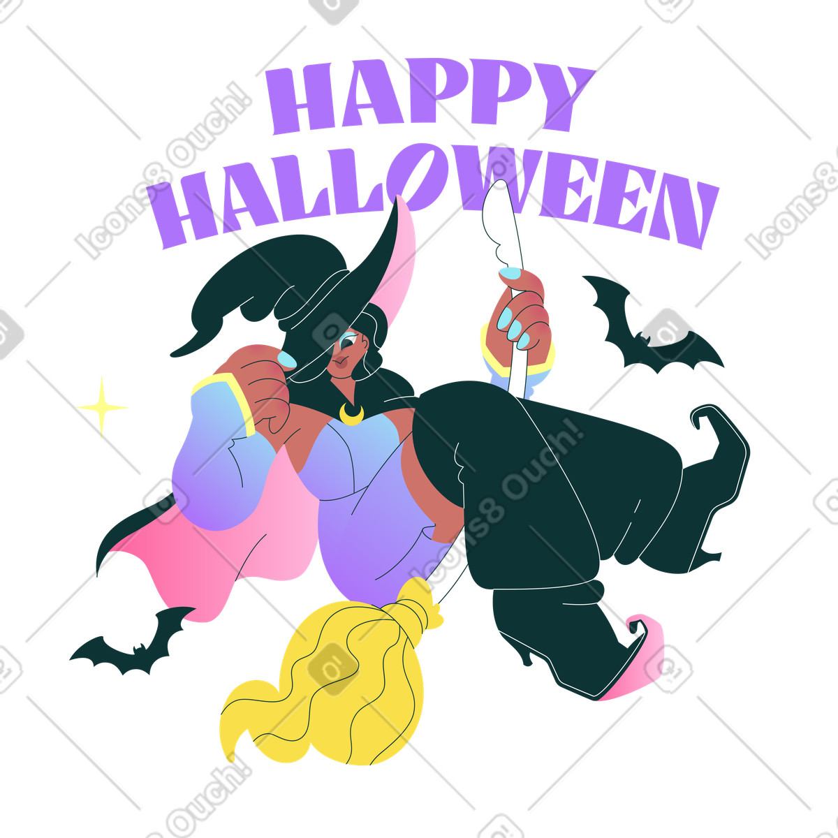 下载 Florid 风格的 Witch flying on broomstick, Happy Halloween greeting 插画，支持 PNG、SVG 格式