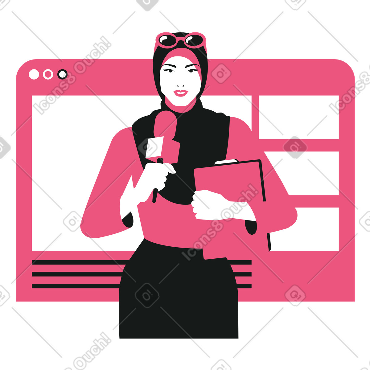 Ilustración Reportera de televisión y ventana online en estilo Lounge a descargar en PNG SVG