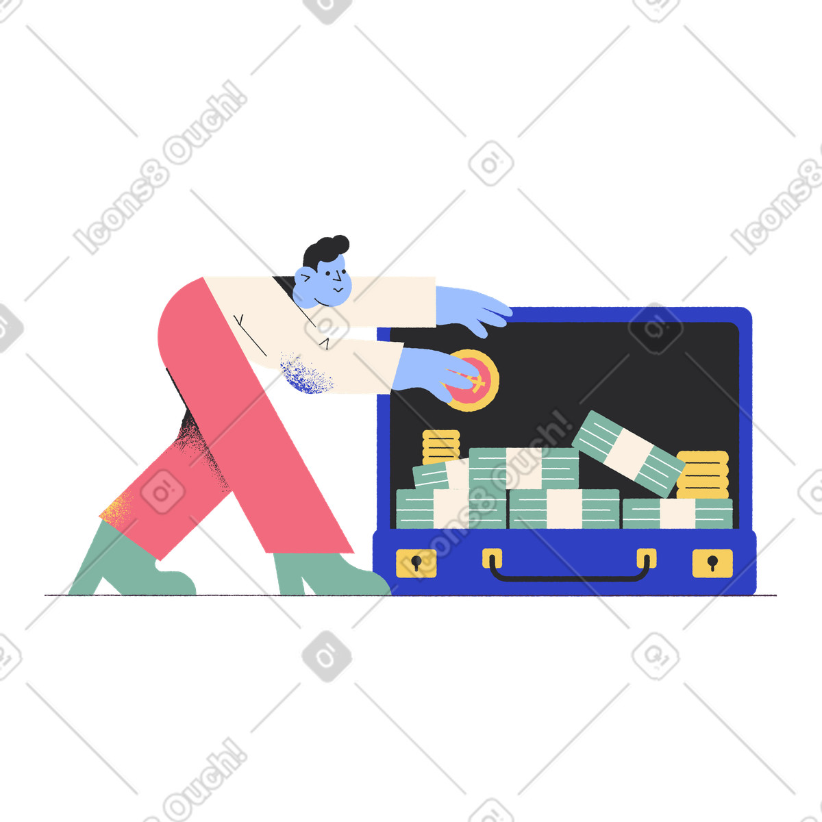 下载 Pablo 风格的 男人把钱放在手提箱里 插画，支持 PNG、SVG 格式