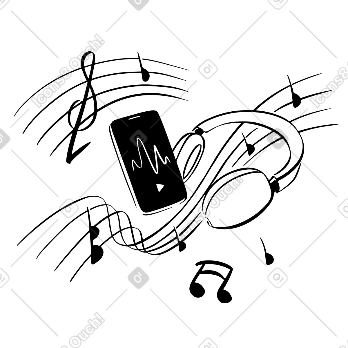 Music player on smartphone with headphones illustration in Line style download in PNG, SVG