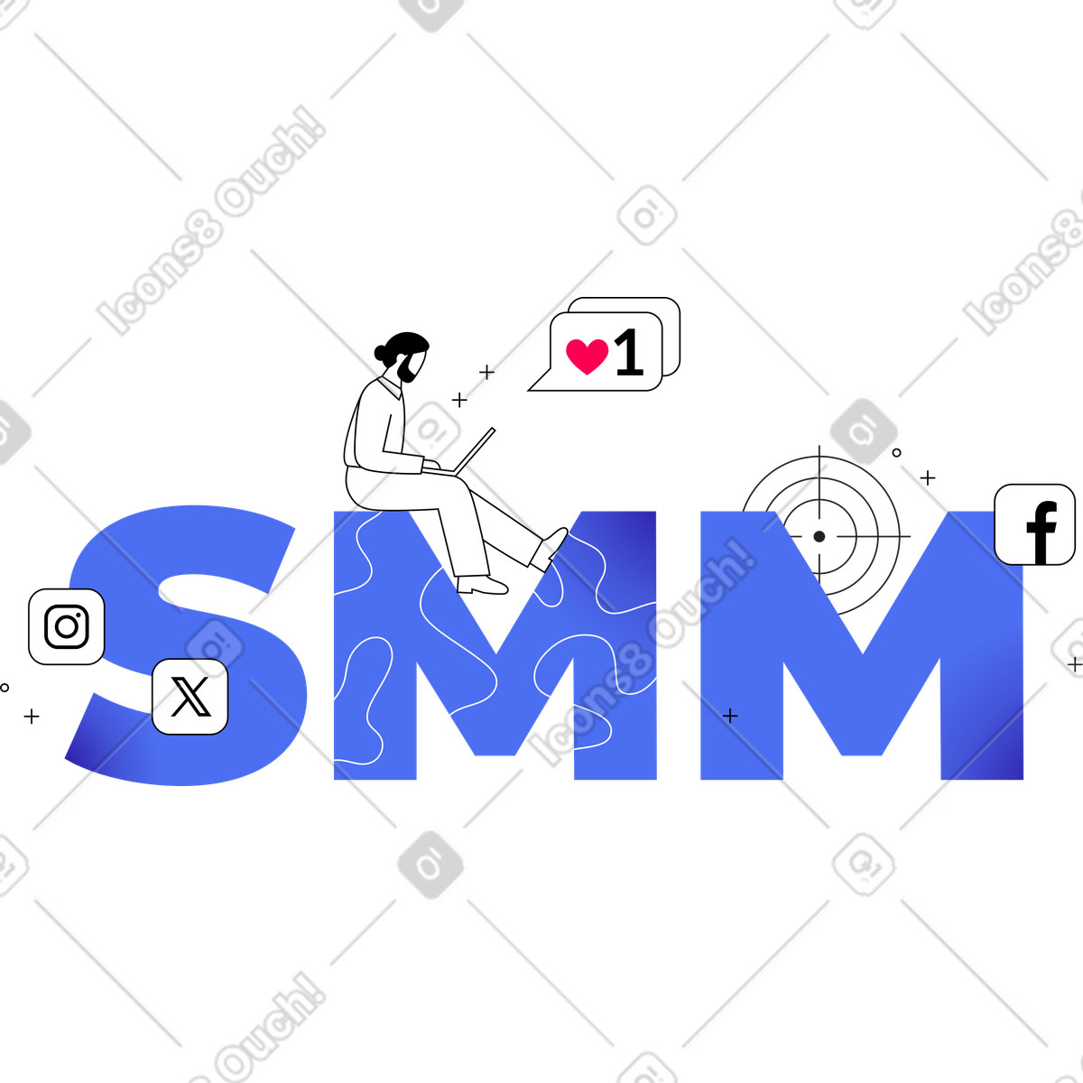 Ilustração de Texto smm e homem com laptop em PNG e SVG