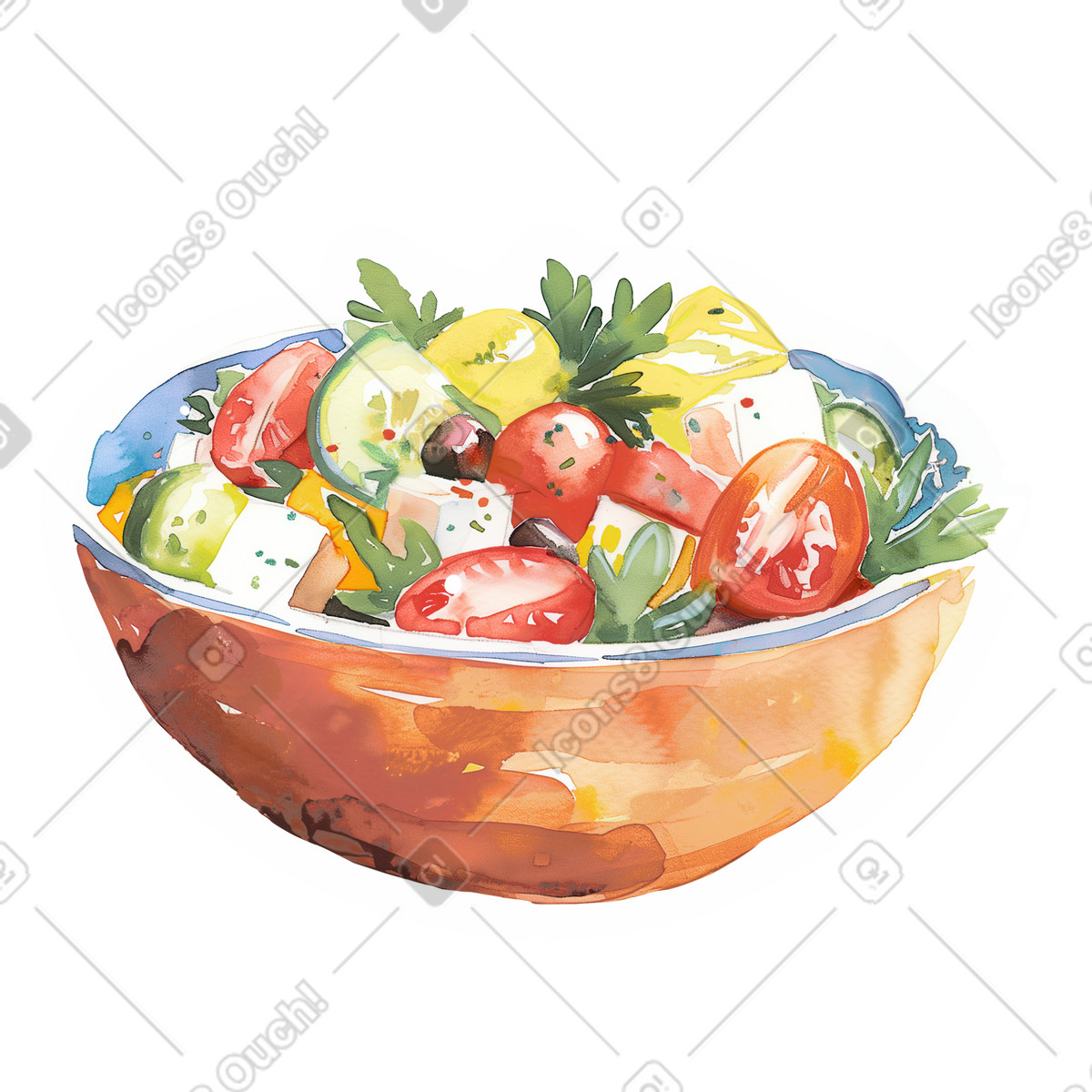 Watercolor スタイルの ギリシャサラダ のイラストをPNG、SVG形式でダウンロード