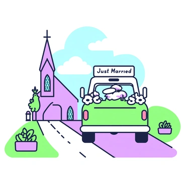 A truck adorned with white flowers and ribbons is driving away from a chapel. The truck features "Just Married" signs on the back, prominently displayed. The chapel, in the background, has a tall steeple and stained glass windows. A path leading to the chapel is lined with potted plants and small lanterns. The scene captures the joyful moment of departure, with a blue sky above and a few fluffy clouds.