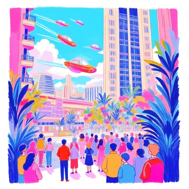 A large urban mural covers a brick wall, showcasing a futuristic society filled with advanced technology. The mural features tall, sleek skyscrapers with asymmetrical designs and numerous balconies. Below, flying cars zip through the sky, leaving trails of light behind them. People dressed in vibrant, futuristic clothing interact with holographic displays that hover in the air. In the foreground, a diverse group of individuals is gathered, showcasing a mix of cultures and styles. Lush greenery can be seen integrated into the architecture, with vertical gardens climbing the sides of buildings. The overall color palette is bright and inviting, emphasizing a sense of progress and innovation.