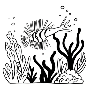 A lionfish with long, flowing fins swimming gracefully through a dense forest of seaweed. The seaweed creates a complex scene with various shapes and sizes, swaying gently in the water. There are small bubbles rising around the lionfish, enhancing the underwater atmosphere. The lionfish is positioned near a cluster of seaweed, showcasing its distinctive spines and patterns against the textured background.