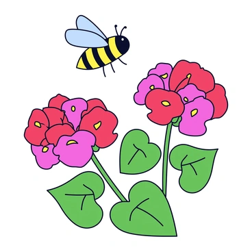 A bee hovering above a cluster of bright red geranium flowers