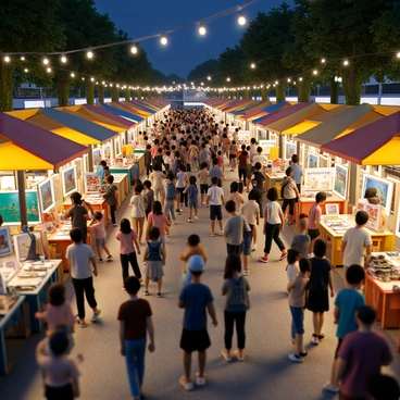 A lively night market in Singapore bustling with activity. Colorful stalls line the pathways under strings of bright fairy lights. Artisans are showcasing their handmade illustrations, with vibrant prints displayed on wooden easels and tables. A diverse crowd of people, including families and tourists, strolls through the market, taking in the sights and sounds. Some visitors are engaging with the artists, admiring their work and discussing techniques. The atmosphere is filled with a mixture of laughter and chatter, creating a sense of community and creativity in the air.
