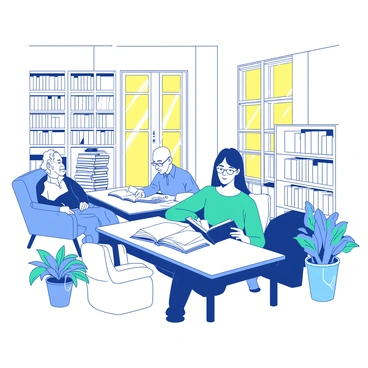 A white library has tall shelves filled with books, stretching from floor to ceiling. Soft, warm yellow light filters in through large windows, illuminating the space and creating a cozy atmosphere. Several people are seated at wooden tables, deeply engrossed in reading their books. A woman in a teal sweater is sitting near a stack of books, while a young man in a blue shirt is lounging in a comfortable chair with a book in his hands. In the corner, an elderly man with glasses reads quietly, surrounded by a few potted plants. The overall scene conveys a sense of tranquility and focus.
