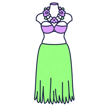 A hula dancer costume is displayed on a mannequin. The costume features a grass skirt made of long green strands, flowing gently around the base. The costume includes a vibrant flower lei, composed of various flowers, draping around the neck of the mannequin. Additionally, there is a coconut bra, crafted from two half coconut shells, secured with straps. The entire costume is set against a simple background, allowing the details to stand out.