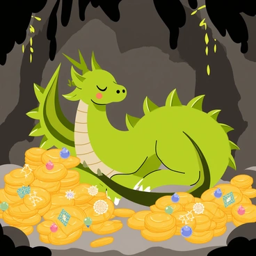 A large dragon curled up in a cave surrounded by piles of glistening treasure