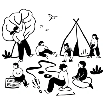 A group of Native American children engaged in playful activities in a vibrant natural setting. Two children are climbing a tree while others are sitting on the grass, engrossed in a game. One child is skipping stones across a small stream nearby. In the background, there are traditional tents, and a few birds can be seen flying above. The children are dressed in a mix of traditional attire and modern clothing, illustrating their adaptation to the new environment. Words "Cultural Resilience" are integrated into the scene, perhaps on a wooden sign placed near the stream.