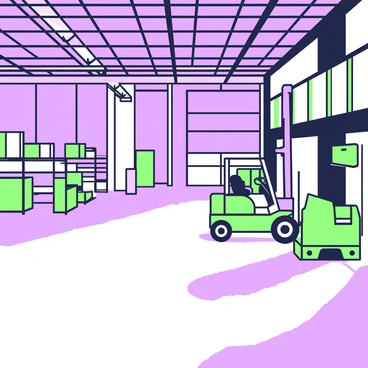 A vast warehouse with high ceilings and large, open spaces fills the scene. The concrete floor is polished and reflects the dim light coming from overhead fixtures. Rows of metal shelving units line the walls, some empty while others hold assorted boxes. In the corner, there is a forklift parked, its fork elevated slightly. The forklift is a robust machine with an industrial design, featuring wheels that are slightly worn from use. Shadows stretch across the floor, creating a contrast between light and dark areas within the expansive interior.