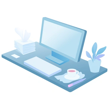 An office desk with a computer, a cup of tea, and a pile of tissues for a sick worker