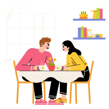 A young couple sitting at a small, round wooden table in a cozy corner of a café. The table is adorned with a delicate white tablecloth and two steaming cups of tea. The couple, a man with short brown hair and a woman with long black hair, are leaning towards each other, engaged in a warm conversation. Soft light filters through a nearby window, illuminating their expressions. A small vase with colorful flowers sits on the table, adding charm to the intimate setting. In the background, there are shelves filled with books and small plants, enhancing the cozy atmosphere.