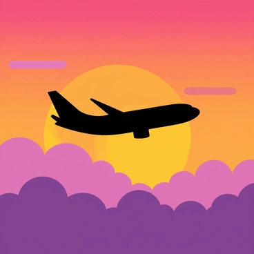 An airplane in silhouette, flying across the sky. The background features a dramatic sunset displaying vibrant orange and purple hues. The airplane's shape is sharply defined against the colorful sky, emphasizing its wings and tail against the warm tones of the sunset. Fluffy clouds catch the light, enhancing the dramatic effect of the scene.