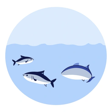 A minimalistic cartoon illustration of a seascape featuring calm waters. The surface of the water is smooth, reflecting a light blue sky. In the foreground, there are several mackerel swimming near the surface, their streamlined bodies displaying shades of silver and blue. The fish are arranged in a slight arc, creating a sense of movement. There are a few gentle ripples on the water, indicating their presence.