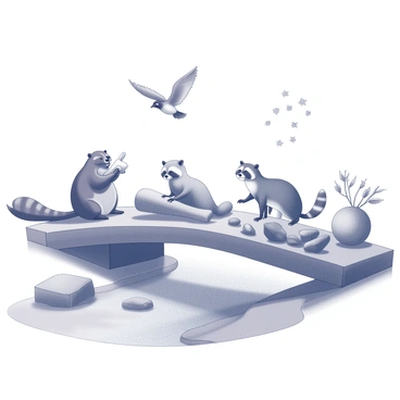 A group of animals is gathered near a stream, collaborating to construct a bridge. A beaver is gnawing on a log, preparing it for placement. Nearby, a raccoon is skillfully arranging stones to create a solid foundation. A group of birds is flying overhead, carrying small twigs and leaves to contribute to the structure. The scene captures the animals working harmoniously, showcasing their teamwork and determination, with the clear water of the stream flowing gently beneath the partially built bridge.