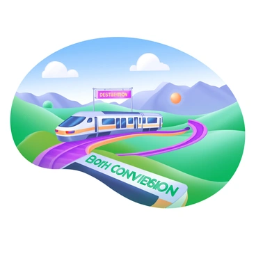 A train traveling along a winding track through vibrant, scenic landscapes. In the foreground, the train is sleek and modern with a bright exterior. Rolling hills covered in lush green grass stretch out on either side of the track. A clear blue sky overhead is dotted with fluffy white clouds. Prominently displayed on the side of the train is a destination sign that reads "Roth Conversion" in bold, easy-to-read letters. In the background, a distant mountain range adds to the picturesque view.