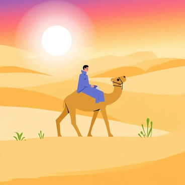 A lone traveler wearing a vibrant blue cloak sits atop a tall camel. The camel has sandy-colored fur and a slight sway in its gait. The vast desert stretches endlessly around them, with rolling dunes of golden sand illuminated by the warm glow of the setting sun. The sky above is a gradient of oranges, pinks, and deep purples, casting a radiant light over the scene. Small tufts of green vegetation sporadically dot the sandy landscape, adding a touch of color. The traveler gazes ahead, fully focused on the horizon.