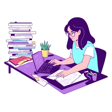 A side view of a person with medium-length black hair, wearing glasses, is concentrating on work at a cluttered desk. The desk is filled with various items, including a tall stack of papers, an open laptop, and a colorful assortment of pens and sticky notes. The person's hand is poised above the laptop keyboard, indicating active typing. A small potted plant sits near the edge of the desk, adding a touch of greenery to the busy workspace. A few scattered books and a coffee mug are visible, creating a sense of a well-used and lived-in area.