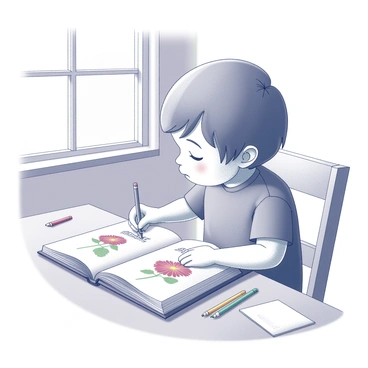A child is sitting at a wooden table, focused on an open book filled with illustrations of various flowers. The child is using a pencil to carefully label each flower in the book. The book features vibrant illustrations of flowers with detailed petals and leaves. Several colored pencils are scattered across the table, along with a small notepad nearby. A window is visible in the background, allowing natural light to illuminate the scene. The child has an expression of concentration, with one hand resting on the page while the other writes.
