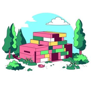 A building made of stacked eco-bricks in various vibrant colors stands prominently in the center of the scene. The eco-bricks are arranged in a pattern that showcases their diverse hues. Surrounding the building, there is lush greenery including tall trees, shrubs, and flowering plants that add to the natural environment. A clear blue sky is visible above, enhancing the vivid colors of the building and the surrounding vegetation. The ground is dotted with patches of grass, creating a harmonious blend of architecture and nature.