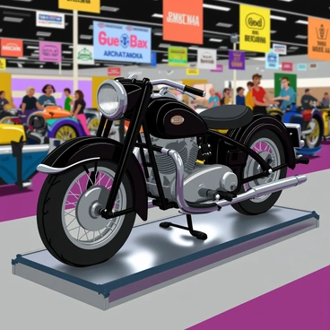 A vintage motorcycle with a glossy black finish is prominently displayed on a shiny metallic transport rack. The motorcycle features chrome accents, a rounded headlight, and a classic gas tank with detailed branding. The transport rack is positioned against a backdrop of colorful banners and flags representing various bike enthusiasts. The scene is filled with curious onlookers admiring the motorcycle, while other vintage bikes are visible in the background, showcasing a variety of colors and styles. Bright lights illuminate the motorcycle, highlighting its intricate design and craftsmanship.