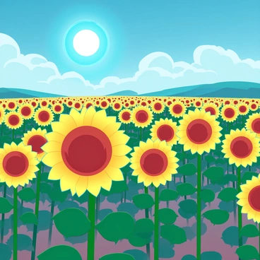 A vast field of vibrant yellow sunflowers, each one with a large round face and thick green stems. The sunflowers are arranged in neat rows, all turning their blossoms toward a brilliant sun in a clear blue sky. In the background, there are soft rolling hills, and a few fluffy white clouds scattered across the sky. The sunlight casts distinct shadows on the ground, highlighting the rich green leaves surrounding each flower. The overall scene conveys a sense of warmth and abundance on a bright summer day.