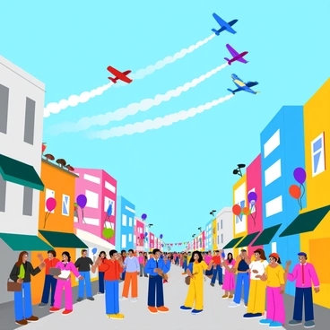 A formation of planes flown by pilots in an airshow over a city parade