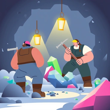 An underground crystal mine is illuminated by warm lantern light. Miners with rugged clothing, including a man with a brown beard and a woman with braided hair, are working in the dimly lit environment. They are using pickaxes to extract large, colorful crystals from the rock walls. The crystals are various shades, including deep blue, vibrant green, and bright pink, reflecting the light and creating a shimmering effect. The ground is scattered with smaller fragments of crystals and dirt, while the walls of the mine are rough and dark, punctuated by the bright colors of the gems.