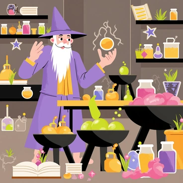 A wizard with a long, flowing robe and a pointed hat is standing at a wooden table in a cluttered laboratory. The table is filled with various glass jars containing colorful ingredients. There are two large bubbling cauldrons, one with a bright green potion and the other with a deep purple mixture, both emitting wisps of steam. Various herbs and mystical objects are scattered around the lab, including a glowing crystal orb and an open spellbook with glowing pages. The walls are adorned with shelves filled with more jars and strange artifacts.