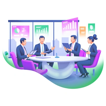 A futuristic boardroom featuring several directors engaged in discussion. Each director is holding a tablet with bright, colorful holographic displays projecting above the screens. The holograms depict graphs, charts, and data visualizations, illuminating the room with soft light. The directors are dressed in modern business attire, with expressions of focus and enthusiasm. The boardroom is designed with sleek, minimalist furniture, large windows showing a city skyline in the background, and a central oval table where the directors are seated.