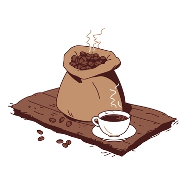 A brown rustic sack filled with dark coffee beans is placed on a textured wooden table. The top of the sack is slightly open, allowing some beans to spill out onto the table surface. Beside the sack, there is a white steaming cup filled with freshly brewed coffee, with wisps of steam rising gently from the surface. The scene captures a cozy, inviting atmosphere.