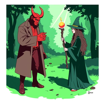Hellboy negotiating with a mysterious witch in a forest clearing.