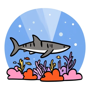 A tiger shark with a sleek, streamlined body and distinct dark stripes is swimming gracefully just above a vibrant coral reef. The shark's skin glistens in shades of gray and blue, reflecting the light filtering down from the water's surface. The reef below is alive with color, showcasing a variety of corals in pink, orange, and purple hues, along with small, colorful fish darting among the coral branches. Sunlight penetrates the water, creating a shimmering effect and illuminating the underwater scene, emphasizing the beauty of marine life.