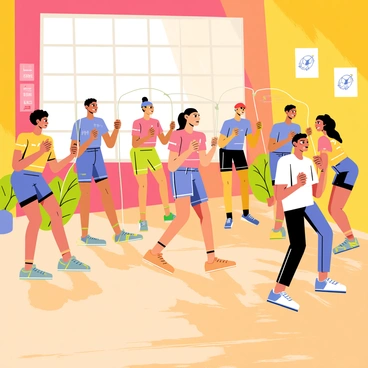 A fitness studio with bright, colorful walls filled with motivational posters. In the center, a group of diverse participants, including men and women of various backgrounds, are engaged in synchronized cable crossover exercises. Each person is positioned at a cable machine, pulling the cables towards their bodies in unison. The participants wear matching workout attire in vibrant colors, emphasizing their synchronized movements. The instructor at the front of the room demonstrates the exercise, encouraging the class with an energetic expression. The floor is made of polished wood, reflecting the lively atmosphere of the class.