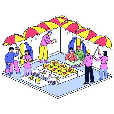 A series of colorful umbrellas in vibrant shades of red, yellow, and green are positioned above a courtyard. The umbrellas provide shade over a gathering of people participating in a haldi ceremony. In the center of the courtyard sits a decorated platform with bright yellow marigold flowers and traditional items. People are dressed in traditional attire, some are applying turmeric paste on the bride and groom. In the background, decorative drapes in various colors add to the festive atmosphere.
