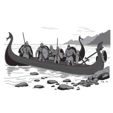 A group of fierce Viking warriors with braided hair and helmets is disembarking from longships on a misty shore. The warriors are clad in chainmail and fur, brandishing swords and shields. The longships, made of dark wood, have dragon-headed prows and are partially submerged in the gentle waves. The mist hangs low over the water, creating an atmosphere of tension as the warriors prepare for battle. The shore is rocky, with patches of wet sand glistening under the diffused light. The backdrop features distant cliffs shrouded in fog, enhancing the sense of urgency and adventure.