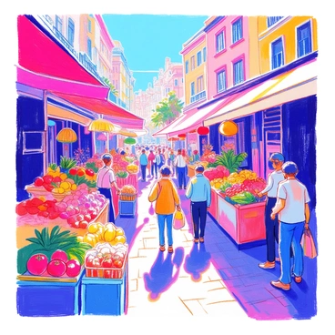 A lively market scene features multiple stalls adorned with colorful produce. Each stall displays a variety of fruits and vegetables, including bright red tomatoes, vibrant green peppers, and yellow bananas. The crowds of people meander through the market, some stopping to examine the goods while others engage in conversations. Vendors are seen enthusiastically calling out to potential customers. The atmosphere is filled with energy, with shoppers carrying bags filled with fresh produce. Sunlight casts a warm glow over the entire scene, enhancing the vivid colors of the produce and the excitement of the market.