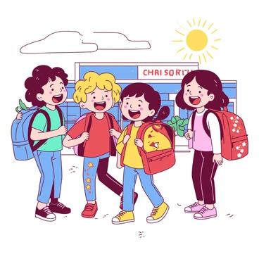 A group of four excited children are standing together, each holding colorful backpacks. One child has a blue backpack with cartoon characters, another has a yellow backpack covered in stars, the third child has a red backpack with a dinosaur design, and the last child carries a pink backpack adorned with flowers. They are all smiling widely, their eyes sparkling with anticipation for their first day of kindergarten. The sun is shining brightly above them, creating a cheerful atmosphere as they stand on the sidewalk in front of a school building.