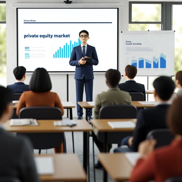 A market analyst with short, dark hair and wearing a navy blue suit stands confidently at the front of a seminar room. The analyst is holding a remote control for a presentation screen displaying graphs and charts related to the "private equity market." The room is filled with an audience of diverse professionals seated in rows, attentively listening. There are wooden tables with notepads and pens in front of some attendees, and a large window in the background allows natural light to illuminate the space. The atmosphere is focused and professional.