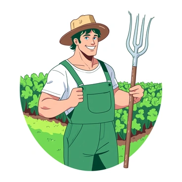 A blue-eyed farmer wearing a straw hat and green overalls is standing in a grassy field. He has a warm smile on his face, showing his enthusiasm for farming. In his right hand, he is holding a shiny silver pitchfork, with prongs glistening in the sunlight. In the background, there are rows of green crops growing, indicating a bountiful harvest. The farmer's strong build and sun-kissed skin portray a life spent outdoors working the land.