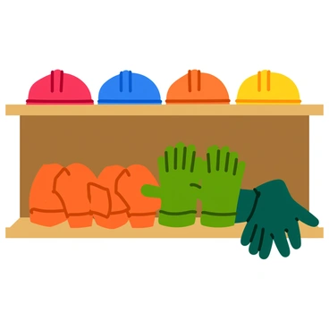 A shelf filled with various personal protective equipment. There are multiple bright-colored helmets, including red, blue, and yellow, neatly arranged with their visors up. Next to the helmets, a selection of sturdy gloves, including heavy-duty work gloves and lightweight safety gloves, is displayed. The gloves are in different sizes and colors, some bright orange and others deep green, showcasing their protective features. The shelf itself is made of polished wood, and the background is slightly blurred to emphasize the equipment.