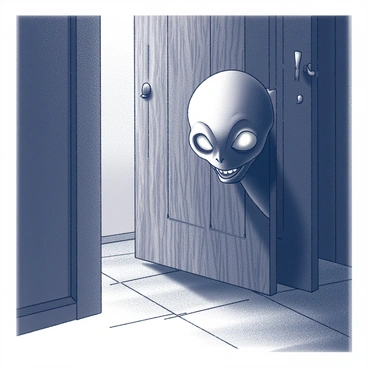 A Nosferatu with elongated features and sharp fangs is peering through a half-open, creaky wooden door. The door is weathered and shows signs of age with visible grain patterns and knots. Eerie light filters in through the gap, casting elongated shadows across the floor. The Nosferatu's eyes are wide and intense, reflecting curiosity and menace. The surrounding atmosphere is filled with tension, as the darkness contrasts sharply with the faint illumination from beyond the door.